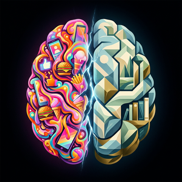 מוח אנושי מפוצל — צד אחד מוצף בגירויים דיגיטליים צבעוניים וצד שני מציג מבנים גיאומטריים רגועים, מסמל את הפער בין העדפות אמיתיות לאידיאליות