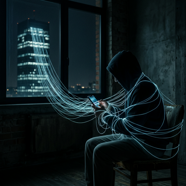 דמות אנונימית יושבת בחדר חשוך, מוארת רק מאור הטלפון, עם חוטים דיגיטליים שקופים נמתחים מהמסך ונכרכים סביב ידיה — סמל לשליטה אלגוריתמית